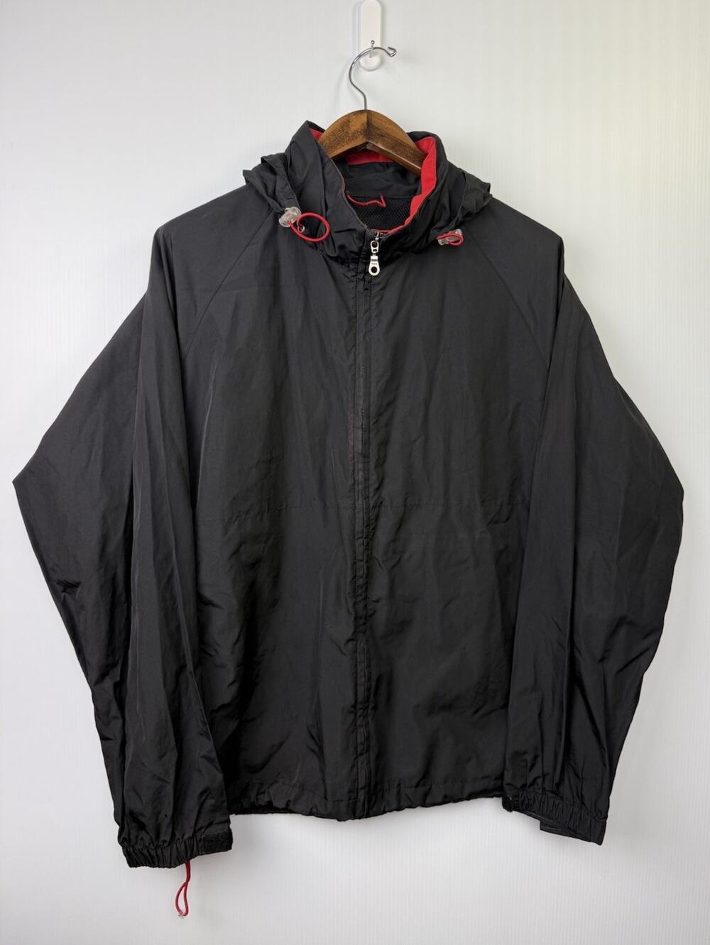 Eddie Bauer Men’s L Black Red Hooded Windbreaker Rain Jacket Mesh Lined Y2K Hike